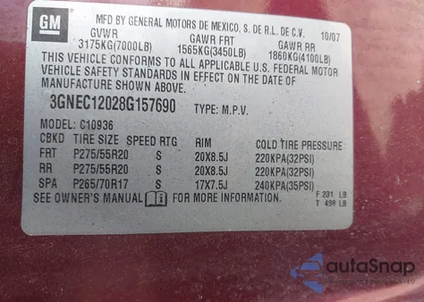 2008 Chevrolet Avalanche 1500 Lt from USA, damaged, VIN 3GNEC12028G157690